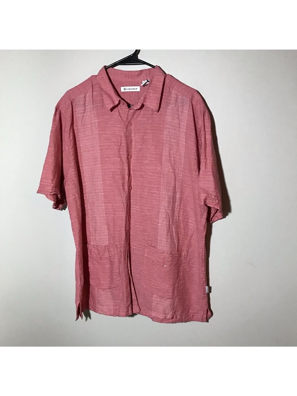 Cubavera mens L linen blend short sleeve button up shirt pink striped bowling